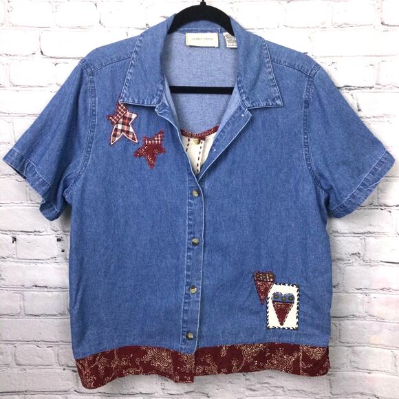 Lemon Grass VTG Chambray Farmcore Patch Short Sleeve Blue Collared Shirt Large - Picture 14 of 14